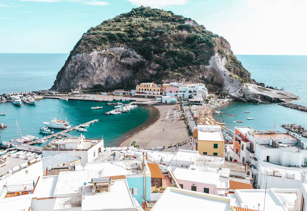 Stunning aerial view of the picturesque port of Sant'Angelo in Ischia, Italy.